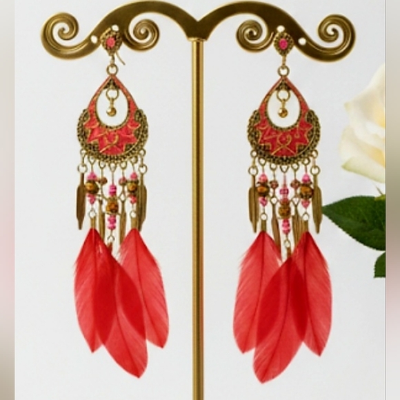 Feather earrings for women, vintage bohemian style with dreamcatcher .5 Inches - Picture 3 of 12